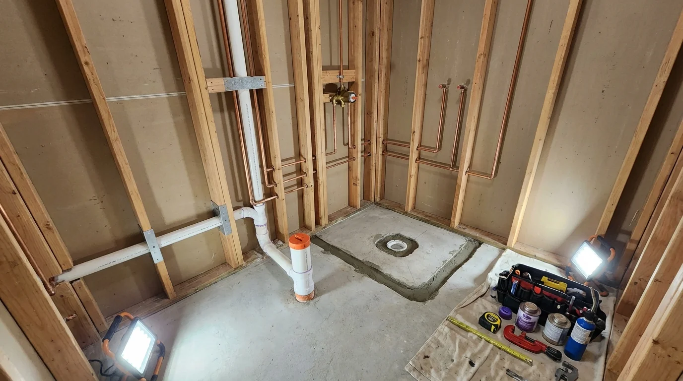 Bathroom rough-in plumbing during remodel by Johns Plumbing LLC in Beatty