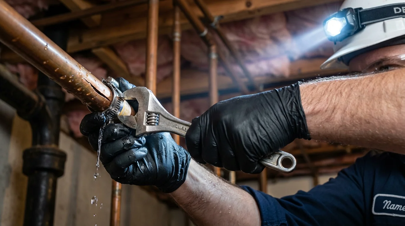 Emergency pipe clamp repair being performed by a Johns Plumbing LLC plumber in Beatty