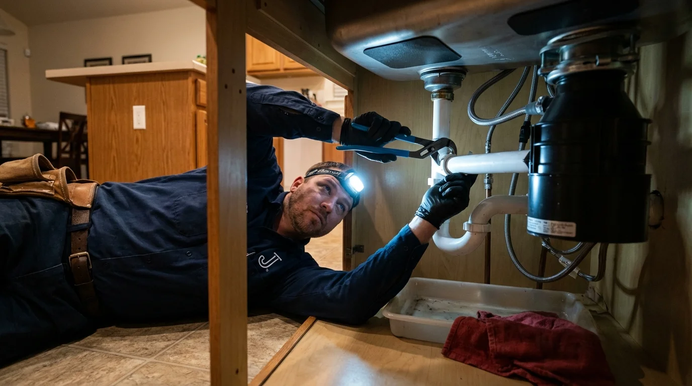 P-trap and supply line connections under a kitchen sink showing a common leak point in Beatty, NV